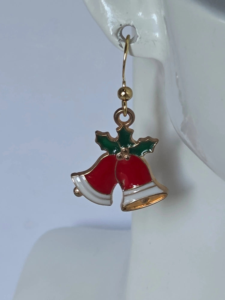 Boucles d’oreilles Noël cloches rouges et blanches dorées, bijou festif assemblage main