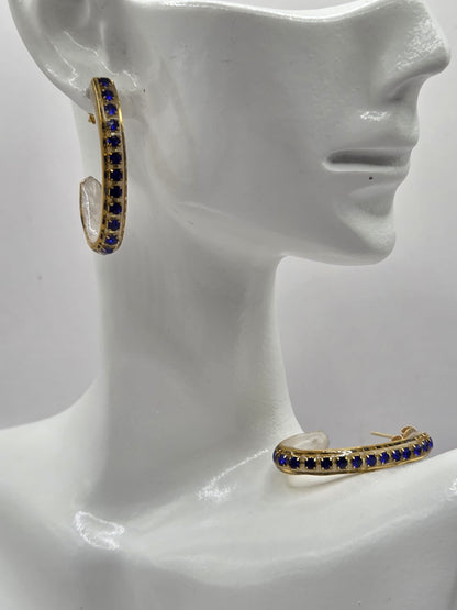 Boucles d’oreilles créoles strass bleu, bijou fait main cadeau femme