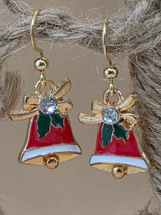Boucles d’oreilles Noël cloches rouges dorées, bijou festif assemblage main