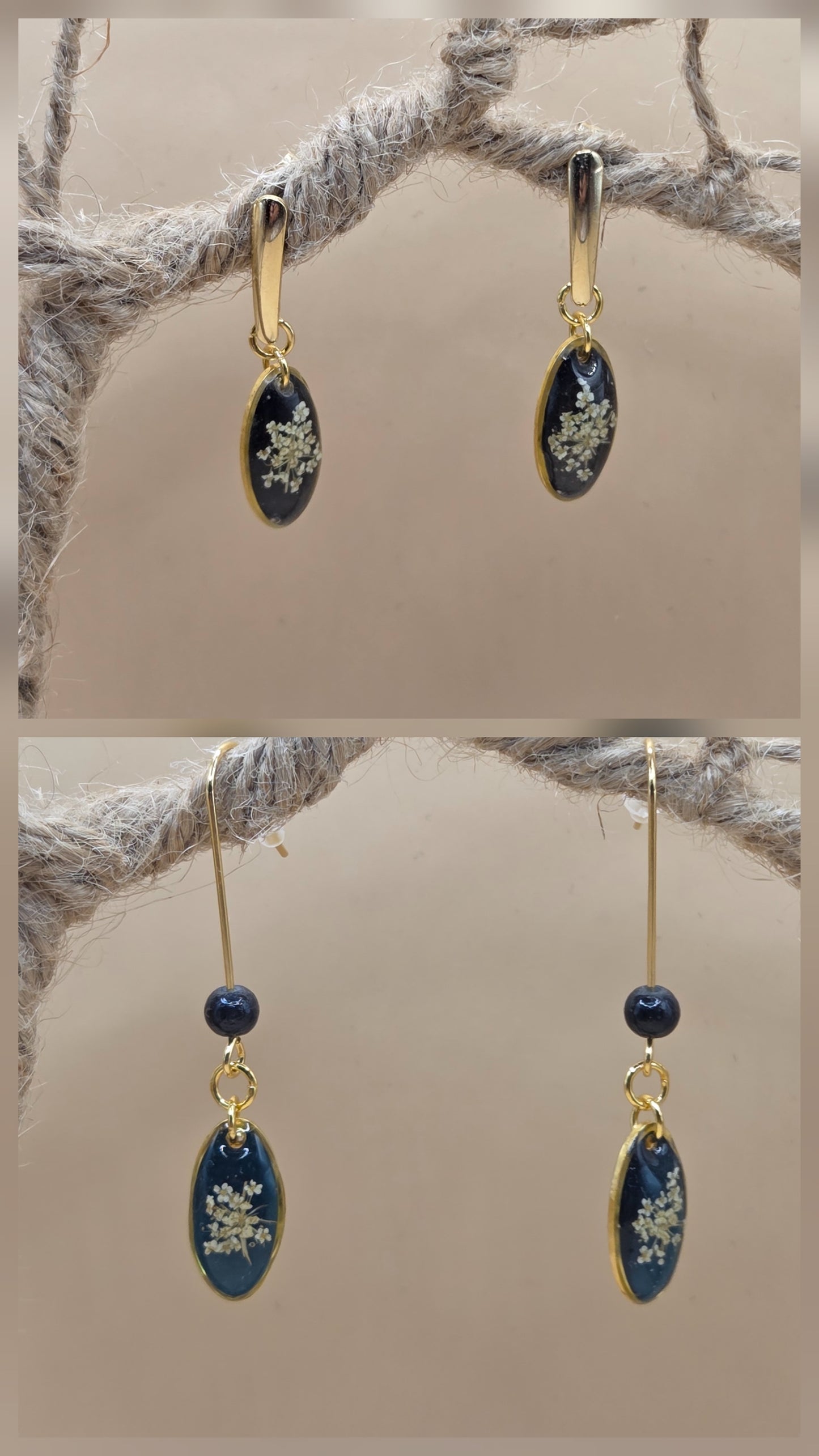 Boucles d'oreilles dorées Fait Main avec fleurs naturelles et résine