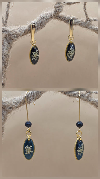 Boucles d'oreilles dorées Fait Main avec fleurs naturelles et résine