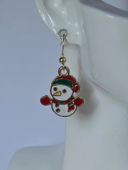 Boucles d’oreilles Noël Bonhomme de neige dorées, bijou festif assemblage main