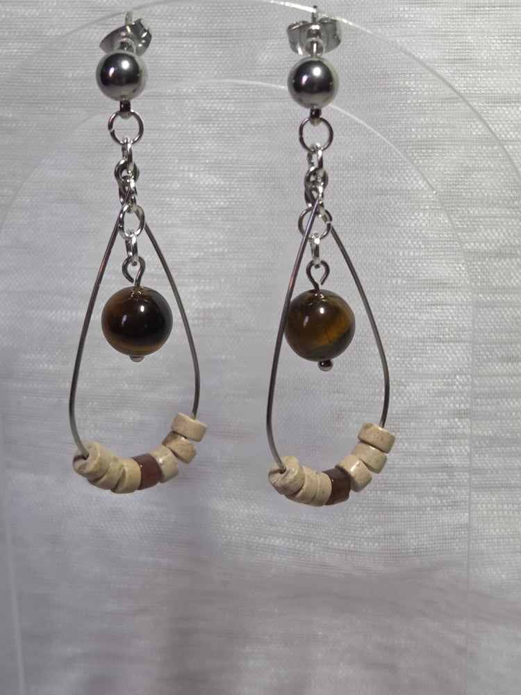 Boucles d’oreilles pierre jaspe beige et œil de tigre sur acier inoxydable – Les Élégantes de Steph 