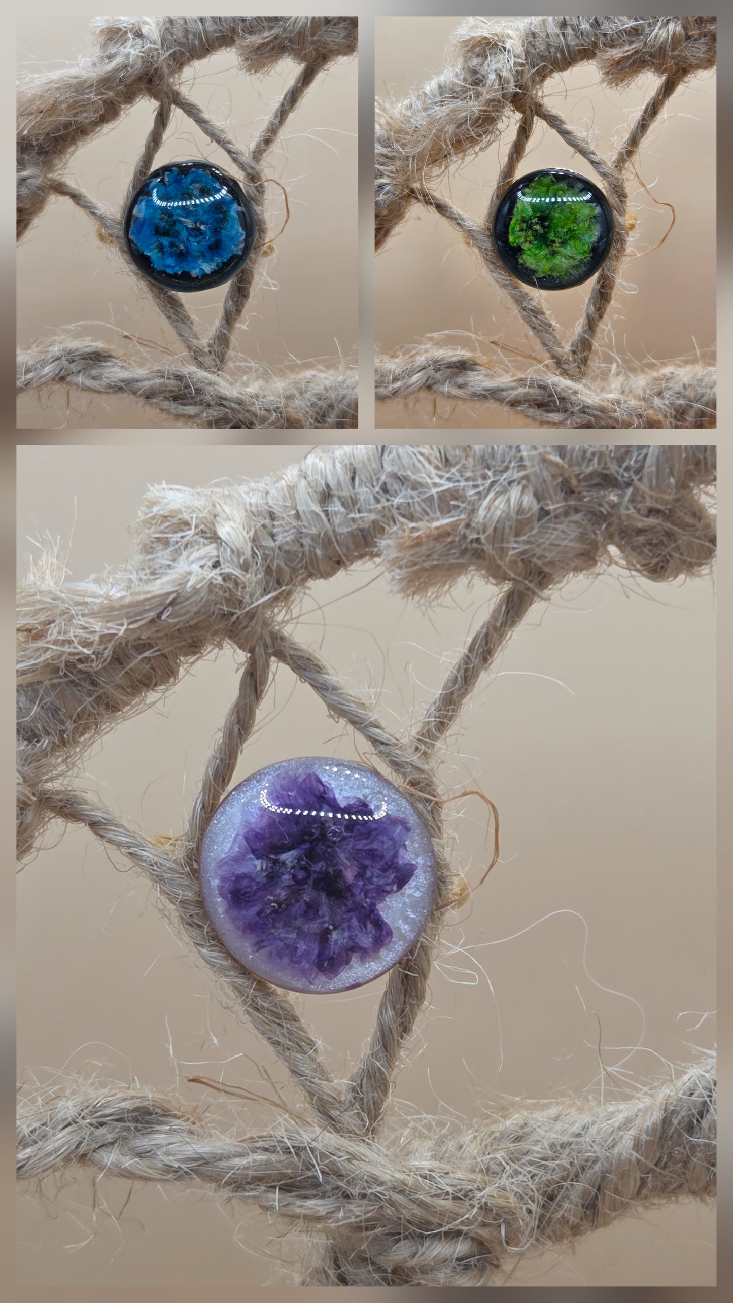 Bague ajustable dorée Fait Main, fleur mauve sur son lit nacrée blanc