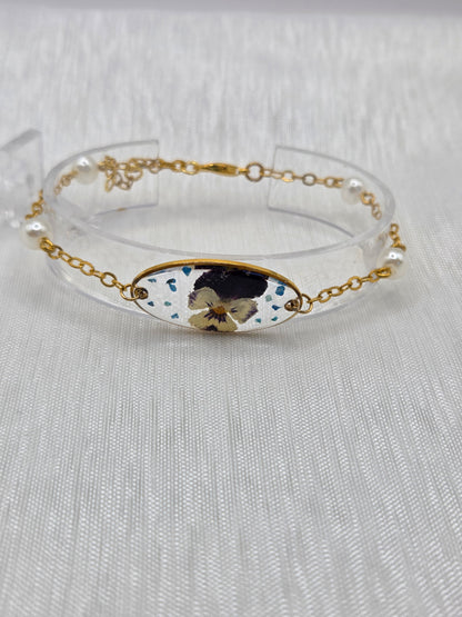 ✨ Doré résine fleur → Bracelet artisanal doré résine et fleur naturelle nacrée, bijou fait main cadeau femme