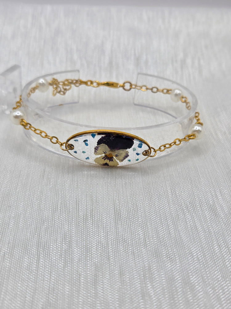 ✨ Doré résine fleur → Bracelet artisanal doré résine et fleur naturelle nacrée, bijou fait main cadeau femme