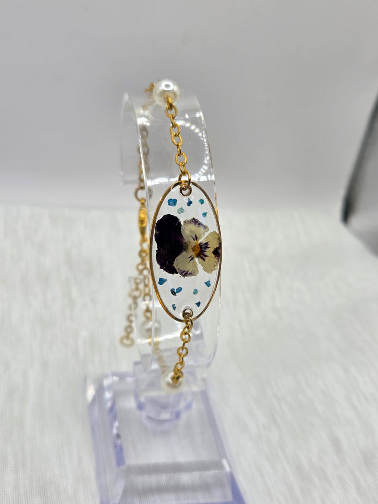 ✨ Doré résine fleur → Bracelet artisanal doré résine et fleur naturelle nacrée, bijou fait main cadeau femme