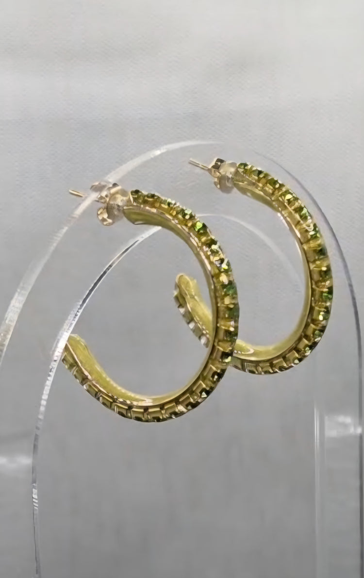 Boucles d’oreilles créoles strass vert olive, bijou fait main cadeau femme