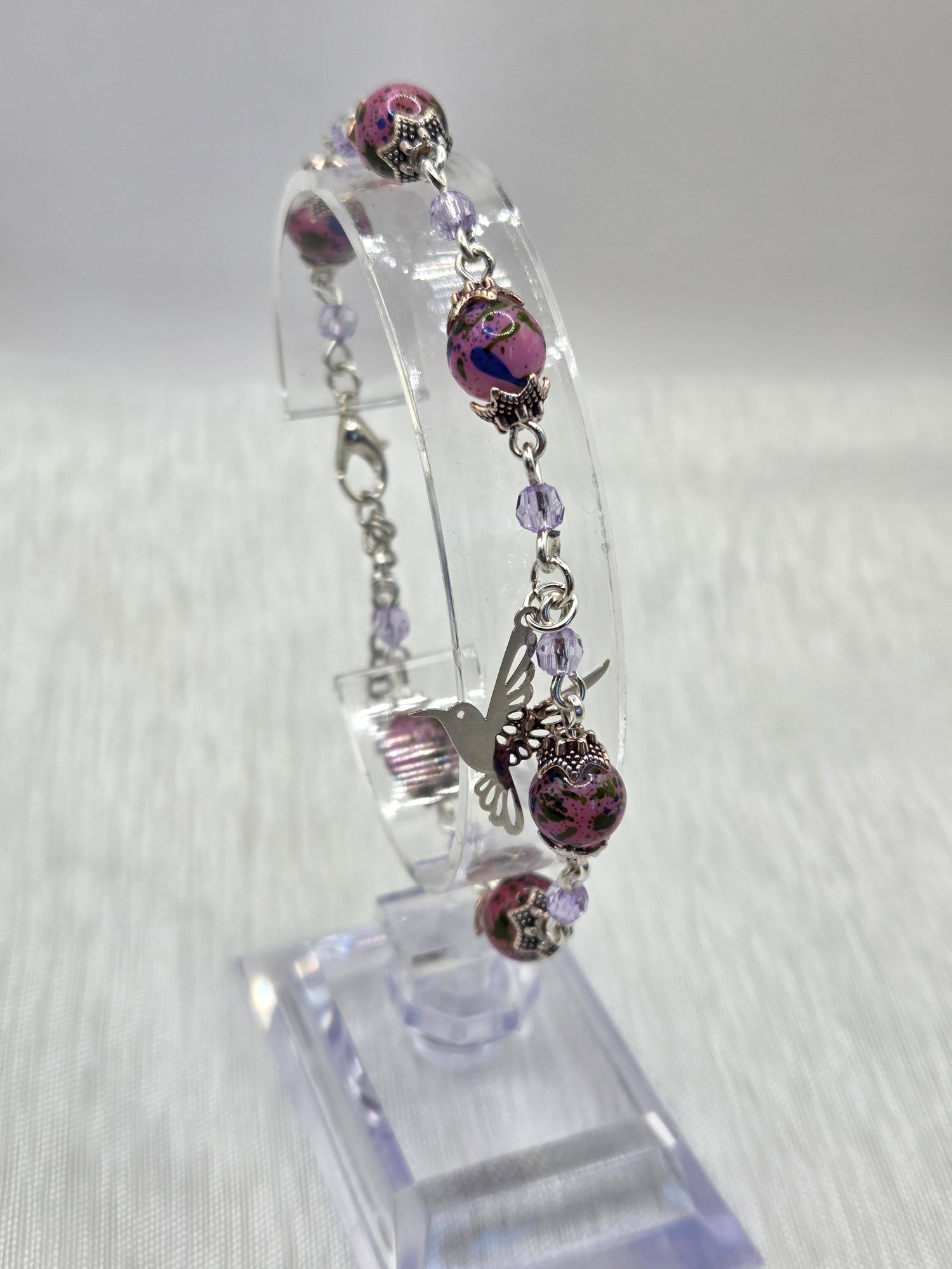 🌸 Argentée marbré → Bracelet artisanal argenté marbré rose et violet, bijou fait main cadeau femme